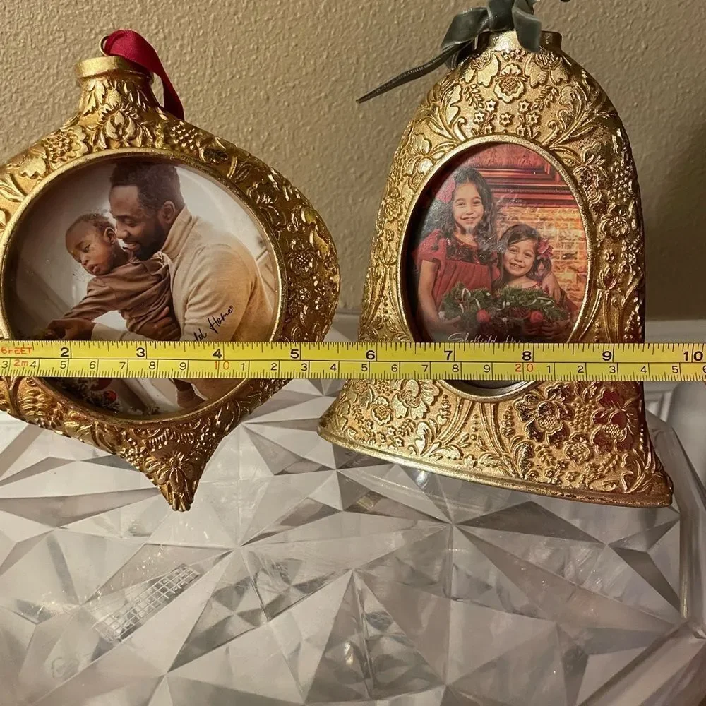 Sheffield Home Ornate Gold Ornament and Bell Shaped Picture Frames Velvet Bows